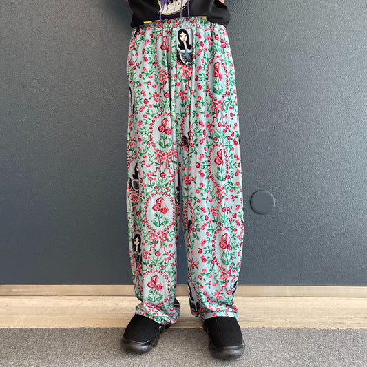 WIDE VELOUR PANTS GIRL PRINT PATTERN VEROUR STRETCH FABRIC / BLUE GIRL / プリントベロアパンツ