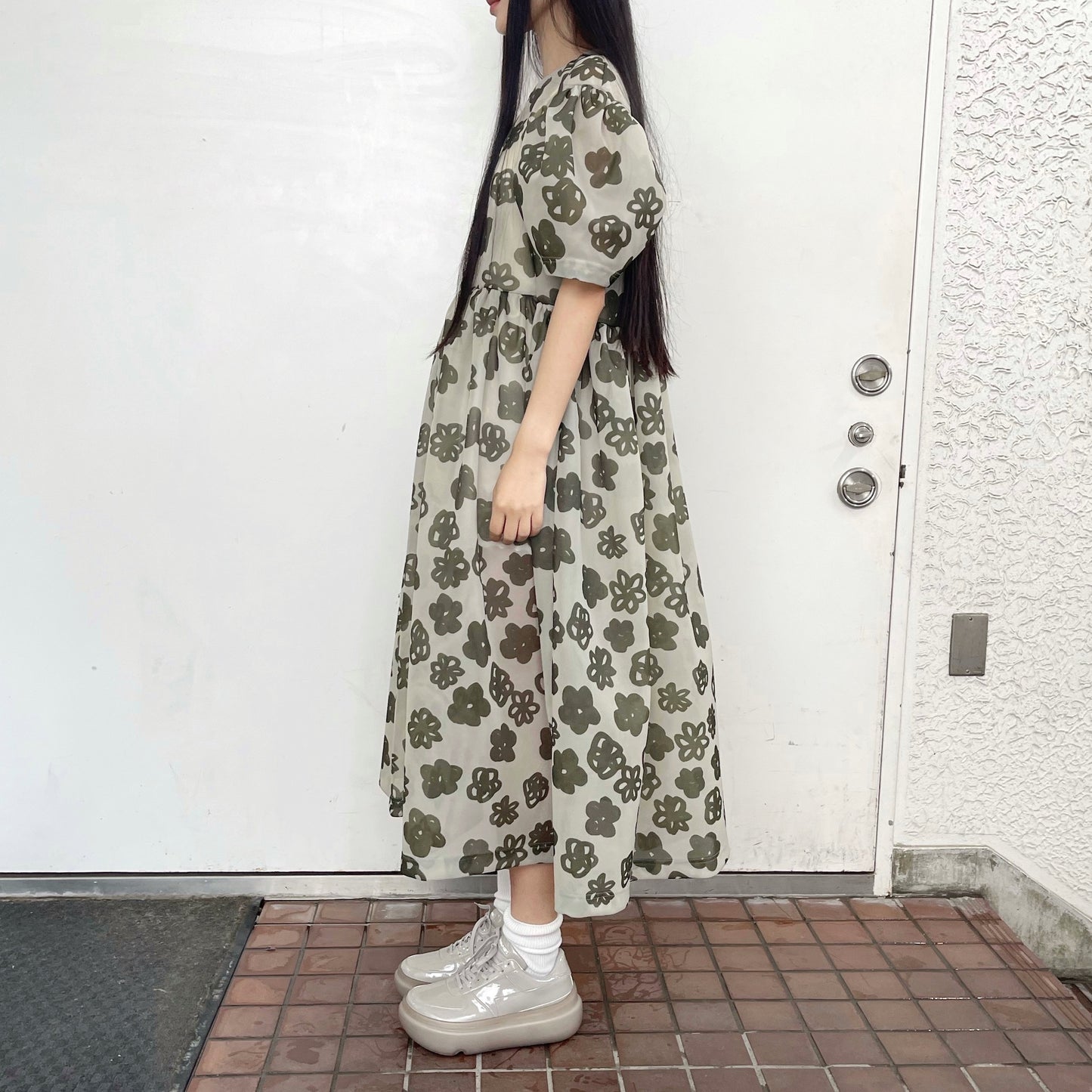 See-through flower dress / Olive / シースルーフラワードレス