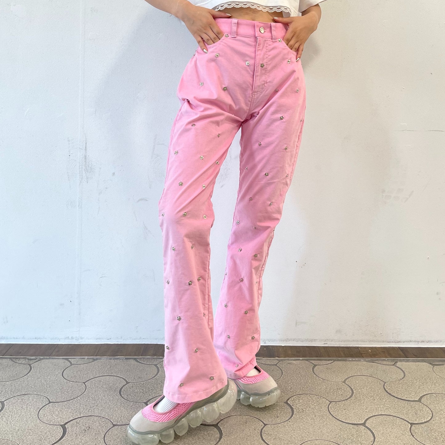 Rivet bell bottom pants / Pink / リベットベルボトムパンツ